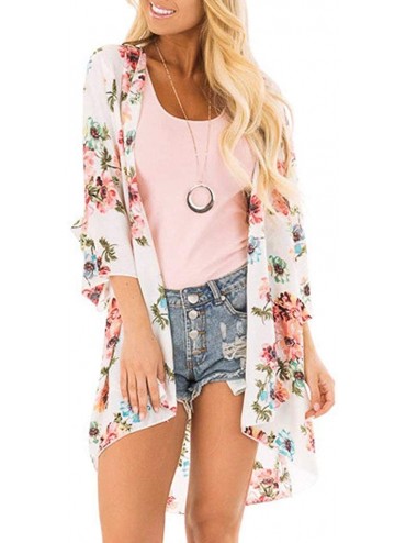 Cover-Ups Women's Beach Cover up Swimsuit Kimono Cardigan with Bohemian Floral Print White - CM18SS36TLI $14.88