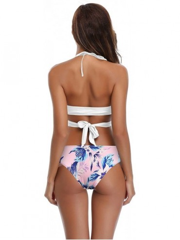 Sets Womens Bathing Suits Push Up Halter Bandage Bikini Floral Printing Swim Bottoms Two Piece Swimsuits Venice White B - CI1...
