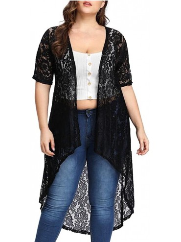 Cover-Ups Women Beachwear Cover Up Plus Size Casual Short Sleeve Lace Kimono Cardigan Sheer Summer Swimsuit Blouse Tops Black...