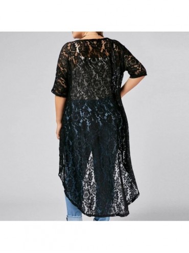 Cover-Ups Women Beachwear Cover Up Plus Size Casual Short Sleeve Lace Kimono Cardigan Sheer Summer Swimsuit Blouse Tops Black...