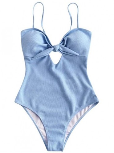 One-Pieces Women's One Piece Tie Knot Front Cut Out High Waist Swimsuits Push-Up Bathing Suit - Blue - CU1952IKOTW $15.83