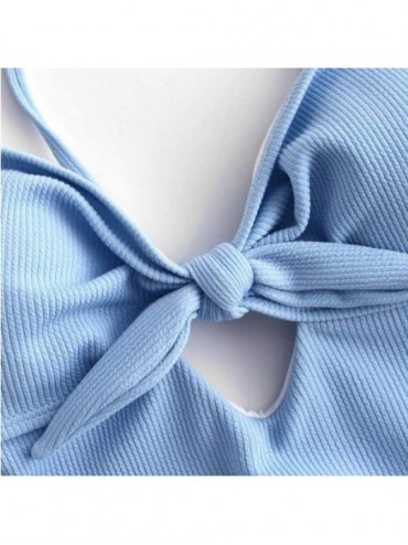 One-Pieces Women's One Piece Tie Knot Front Cut Out High Waist Swimsuits Push-Up Bathing Suit - Blue - CU1952IKOTW $15.83