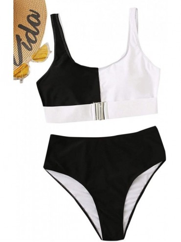 Sets Women's 2 Pieces Color Block Buckle Front Top with High Waist Bikini Set - 1-black White - CB18AR5QZLN $12.18