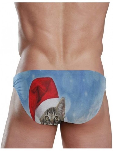 Briefs Cute Cat with Red Santa Claus Cap Christmas Mens Swim Trunks Sport Swim Brief Thong Bikini Swimsuit - Pattern - C5194A...