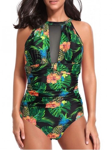 One-Pieces Women One Piece Swimsuit High Neck Plunge Mesh Ruched Monokini Swimwear - Black Pineapple-1 - CQ18S288Q7X $50.39