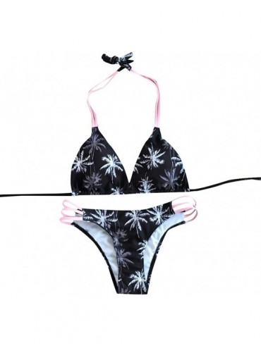 Sets Women Push Up High Cut V Neck Two Pieces Bikini Floral Print 2 Piece Set Swimwear Swimsuit Beachwear - Q-black - CJ1974G...
