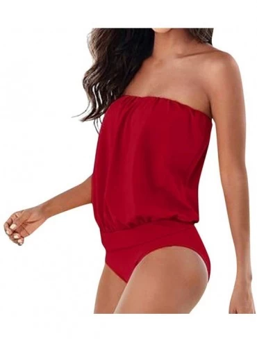 One-Pieces Womens Strapless Two Piece Bikini Swimsuit Swimwear Bathing Beach Suit Plus Size - Red - CJ18TT3DRM7 $32.81