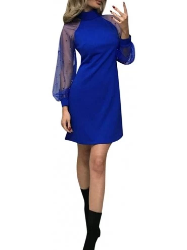 Racing Elegant Dress Long Seethrough Chiffon Beading Sleeve Dresses Stand Collar Patchwork Casual Party Dress - Blue - CV18MC...