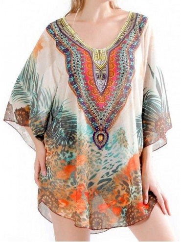 Cover-Ups Women's Loose V Neck Blouse Top Chiffon Batwing Sleeve Caftan Poncho Tunic Beach Cover Up with Crystal Beads 415 - ...
