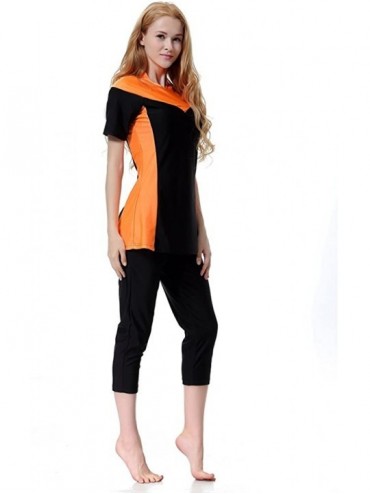 Racing Women's Modest Swimsuits Muslim Swimwear Hijab Swimsuit Islamic Short Sleeve Swimming Sets - Orange - CJ18C0UMENI $19.13