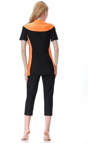 Racing Women's Modest Swimsuits Muslim Swimwear Hijab Swimsuit Islamic Short Sleeve Swimming Sets - Orange - CJ18C0UMENI $19.13