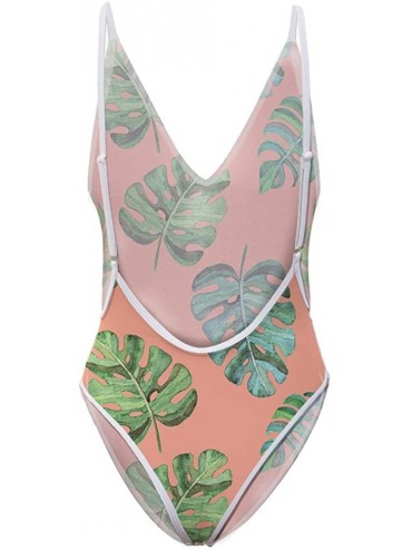 One-Pieces High Cut One Piece Backless Thong Bikini Women Ladies Adjustable Swimsuit Deep V Neck Summer Beachwear Palm Leaf 2...