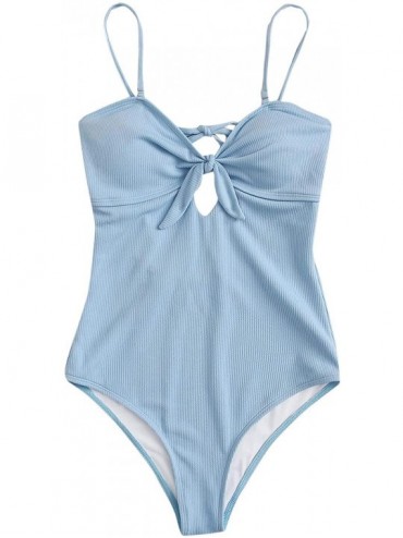 One-Pieces Women's One Piece Swimsuit Solid Color Knot Front Cutout Monokini Bathing Suits - Blue-1 - CJ197M6KGDD $43.36