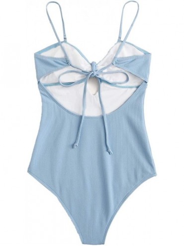 One-Pieces Women's One Piece Swimsuit Solid Color Knot Front Cutout Monokini Bathing Suits - Blue-1 - CJ197M6KGDD $27.75