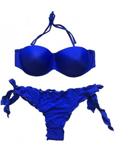Sets Womens Fashion Bikini Set Solid Color Swimwear Beachwear Push-Up Padded Bandeau Split Swimsuit - Blue - C219540482Q $30.49