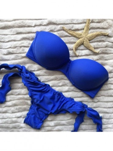 Sets Womens Fashion Bikini Set Solid Color Swimwear Beachwear Push-Up Padded Bandeau Split Swimsuit - Blue - C219540482Q $11.29