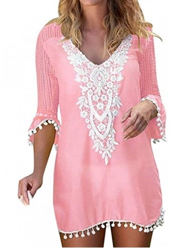 Cover-Ups Swimsuit Cover Ups for Women Pom Pom Trim Tassel Lace Crochet Swimwear Beach Cover Up - Pink - CU196OW9ITU $25.68
