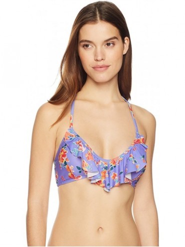 Tops Women's Swimwear Castaway Ruffled T-Back Bikini Top - Blue Floral Print - C6187INO58N $34.25