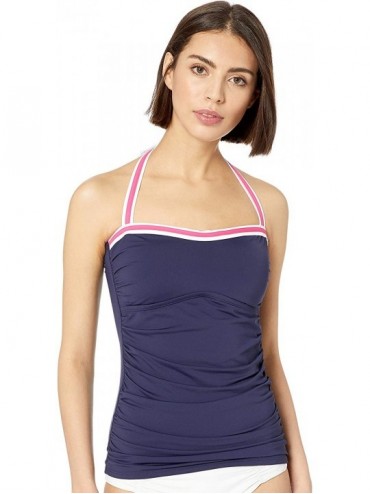 Tankinis Women's Shirred Front Bandeau Halter Tankini Top Swimsuit - Navy/Pink - C618N8M6OIX $60.76