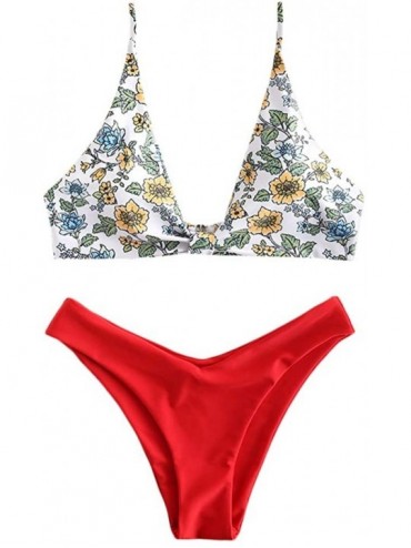 Sets Women's Tie Knot Front Spaghetti Strap High Cut Bikini Set Swimsuit - Q-red - C118XI3CHDM $49.27