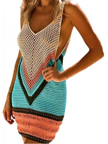 Cover-Ups Sexy Color Block Crochet Cover up Knitted Hollow Out Swimsuit Cover Up Beach Dresses Backless Dress for Beach Blue ...