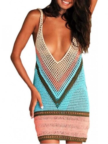 Cover-Ups Sexy Color Block Crochet Cover up Knitted Hollow Out Swimsuit Cover Up Beach Dresses Backless Dress for Beach Blue ...