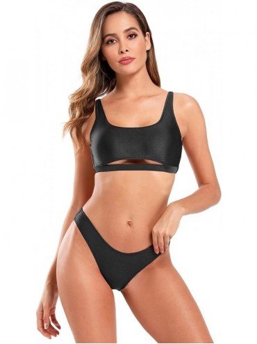 Sets Women's Sexy Scoop Neck Crop Top Bikini Cutout Strappy Two Piece Swimsuits - Black - CS18AH0L04Y $44.74