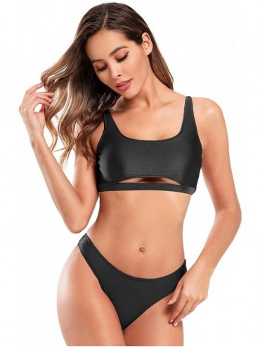 Sets Women's Sexy Scoop Neck Crop Top Bikini Cutout Strappy Two Piece Swimsuits - Black - CS18AH0L04Y $27.31