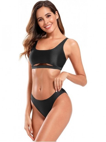Sets Women's Sexy Scoop Neck Crop Top Bikini Cutout Strappy Two Piece Swimsuits - Black - CS18AH0L04Y $27.31
