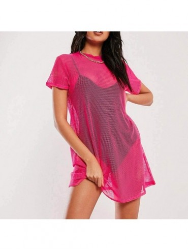 Cover-Ups Women's Sexy Bathing Suit Cover Up Short Sleeve Perspective Mini Dresses for Beach Pool Swimwear - Hot Pink - C019C...