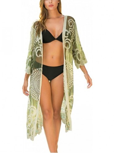 Cover-Ups Women's Flowy Bathing Suit Kimono Cardigan Lace Crochet Swimwear Floral Cover Ups - A8-green - CK18QN2MYN7 $39.95