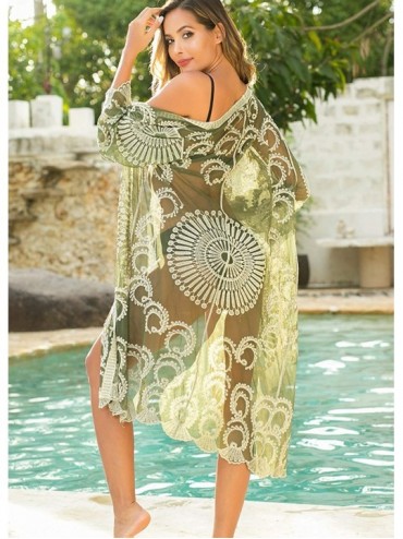 Cover-Ups Women's Flowy Bathing Suit Kimono Cardigan Lace Crochet Swimwear Floral Cover Ups - A8-green - CK18QN2MYN7 $15.77