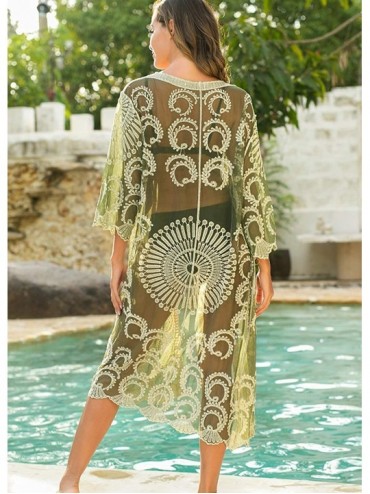 Cover-Ups Women's Flowy Bathing Suit Kimono Cardigan Lace Crochet Swimwear Floral Cover Ups - A8-green - CK18QN2MYN7 $15.77