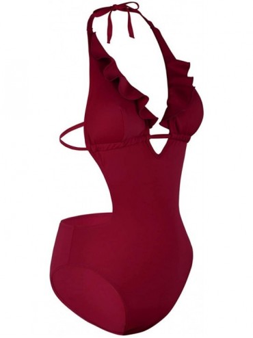 One-Pieces Women's One Piece Swimsuit Lace-up Ruffles Strap Swimwear Tummy Control V Neck Monokini - Wine Red - C418UGHCS29 $...