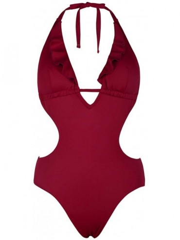 One-Pieces Women's One Piece Swimsuit Lace-up Ruffles Strap Swimwear Tummy Control V Neck Monokini - Wine Red - C418UGHCS29 $...