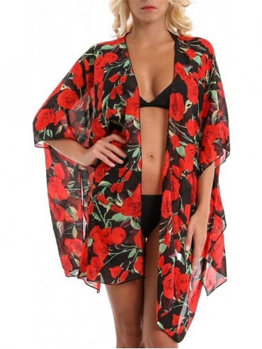 Cover-Ups Cover Up for Swimwear Women Floral Kimono Cardigan Shawl Half Sleeve Chiffon Summer Beach Bikini Blouse Black Rose ...