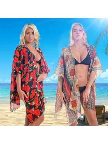 Cover-Ups Cover Up for Swimwear Women Floral Kimono Cardigan Shawl Half Sleeve Chiffon Summer Beach Bikini Blouse Black Rose ...