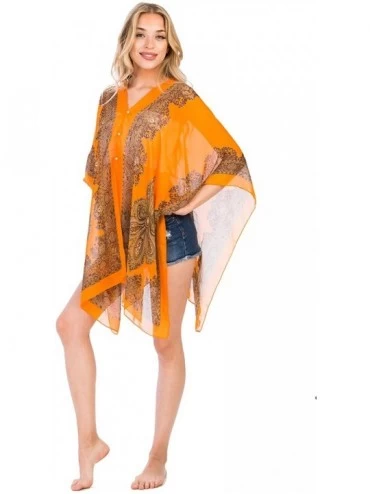Cover-Ups Women's Paisley Print Chiffon Sheer Beachwear Poncho Bikini Cover Up Top - Orange - CP1822QC53D $25.17