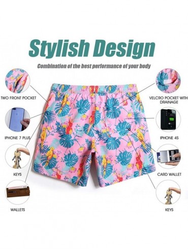 Board Shorts 7" Swim Shorts Mens Quick Dry Swim Trunks with Mesh Lining Teen Funny Print Swimwear Swimsuit - Tropical Pink - ...