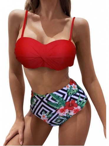 Sets Women Stripe deep v Neck Two Piece Bikini Sexy High Waist Tankini Swimsuit - S1-red - C018AUKTH94 $58.08
