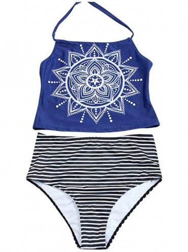 Board Shorts Women Print Halter One-Piece Swimsuit Beach Swimwear Halter Tankini Top and Short Bottom Set Bathing Suits - Blu...