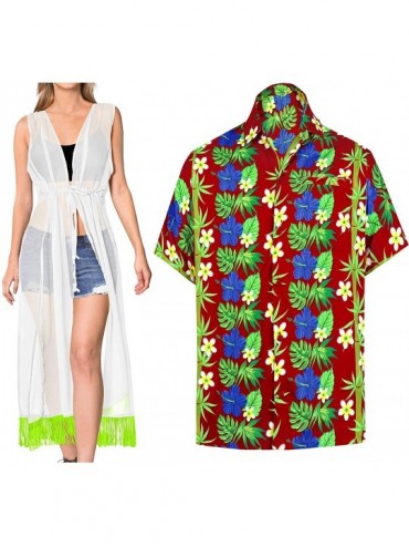 Cover-Ups Men's Hibiscus Flower Front Pocket Short Sleeve Hawaiian Shirt Women Casual Dress Maxi Kimono Cardigan Work from Ho...