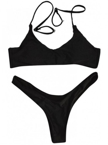 Sets Women Push-up Padded top Thongs Bikini Set Swimsuit Swimwear Separates 2 Piece Elastic Bathing Suits New - Black - C4180...
