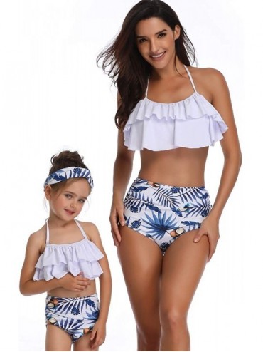 Sets Mommy and Me Matching Family Swimsuit Women Retro Flounce High Waisted Bikini Set Baby Girls Halter Neck Swimwear - Whit...