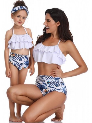 Sets Mommy and Me Matching Family Swimsuit Women Retro Flounce High Waisted Bikini Set Baby Girls Halter Neck Swimwear - Whit...