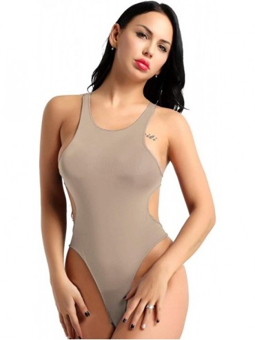 One-Pieces Women's Sexy Sheer One Piece High Cut Thong Leotard Bodysuit Sleeveless Swimwear Swimsuit - Nude - CP18NCH592S $12.96