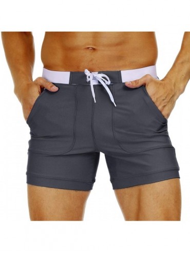 Trunks Men's Swimwear Swimsuits Solid Basic Long Swim Boxer Trunks Board Shorts with Pockets - Grey - CY19EW98EWA $23.76