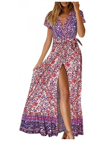 Cover-Ups Women's Summer Short Sleeve V Neck Floral Party Long Dress Summer Beach Sundress Casual Loose Maxi Dress Z 1 purple...