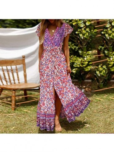 Cover-Ups Women's Summer Short Sleeve V Neck Floral Party Long Dress Summer Beach Sundress Casual Loose Maxi Dress Z 1 purple...