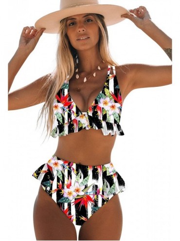 Sets Women High Waisted Swimsuit Ruffle V Neck Bikini Two Pieces Swimwear - Print 17 - CT19DE0220I $44.46